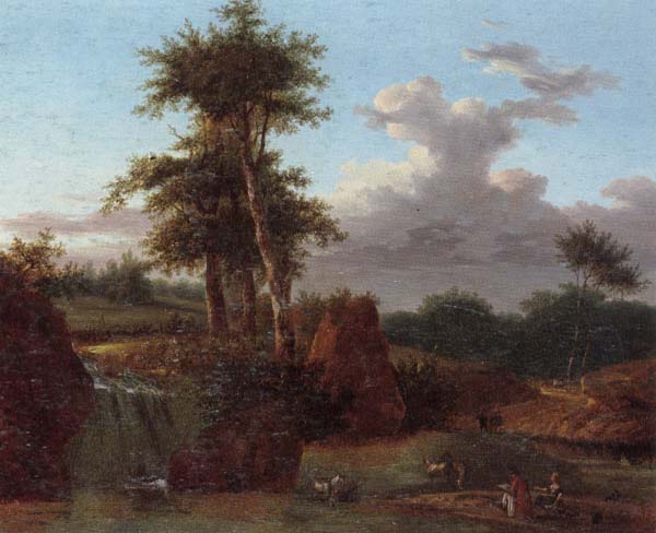 A Wooded landscape with an artist sketching at the base of a waterfall,anmals drinking in a pool nearby